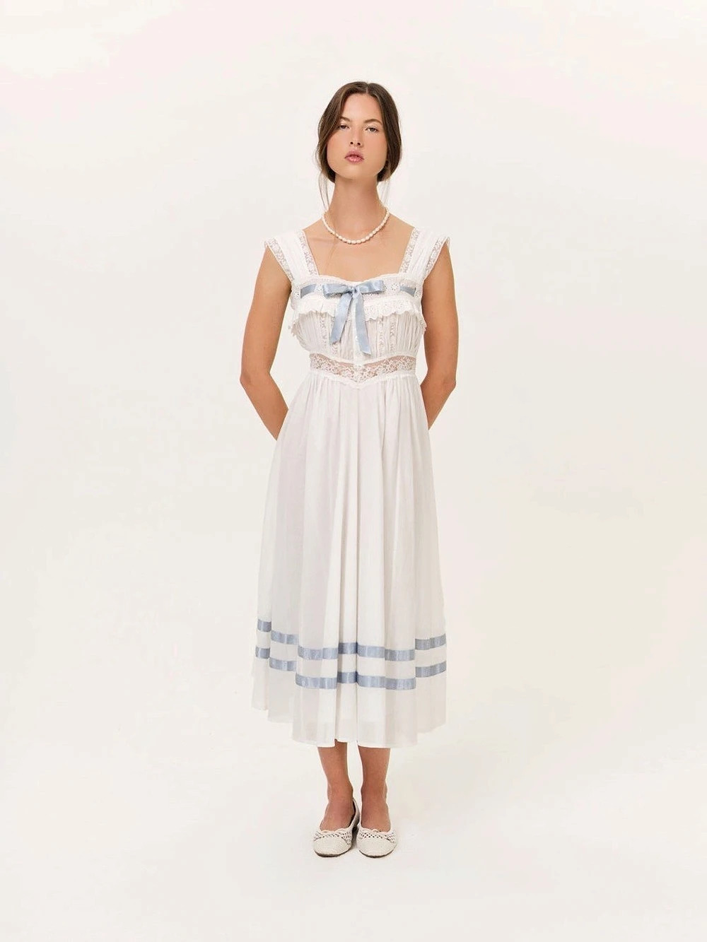 For love and lemons White & Blue Striped Lace Midi Dress Like New